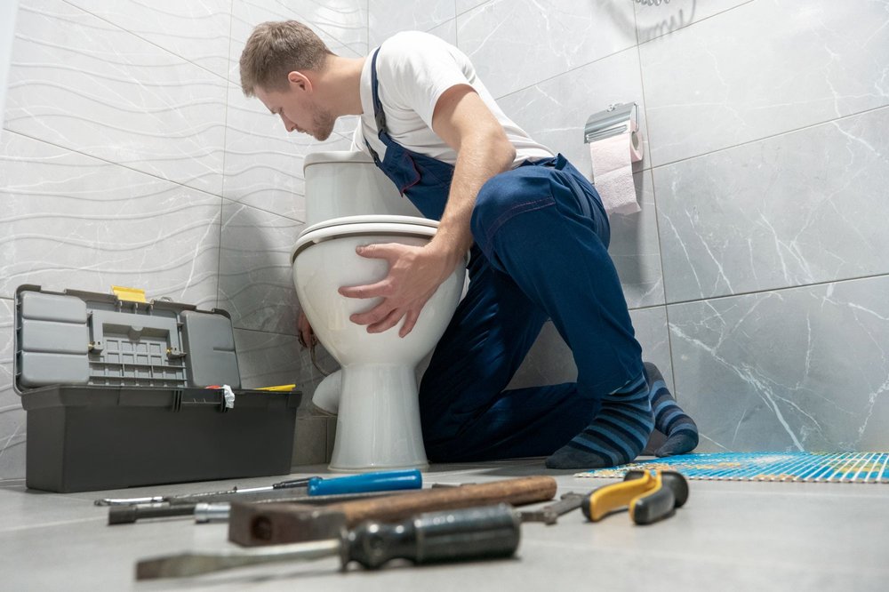 plombier installe des toilettes